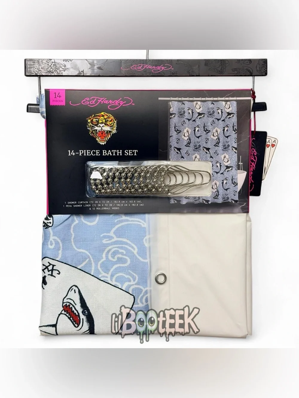 Ed Hardy 14-Piece Bath Set Shower Curtain Liner Hooks Blue Surf Shark Print Y2K